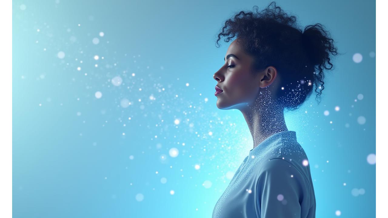 Abstract representation of personalized wellness data flowing towards a serene individual, symbolizing transformation and growth.