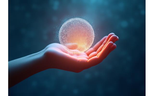 A balanced digital abstract showing human hand touching a glowing, secure data sphere, symbolizing human-centered technology and data privacy.