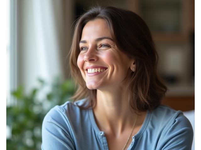 Jennifer, a working mom, smiling and looking relaxed after six months of stress management.