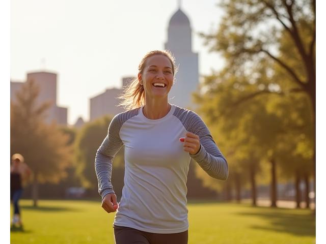Maria, a woman in her early 40s, joyfully jogging outdoors near a Philadelphia landmark.