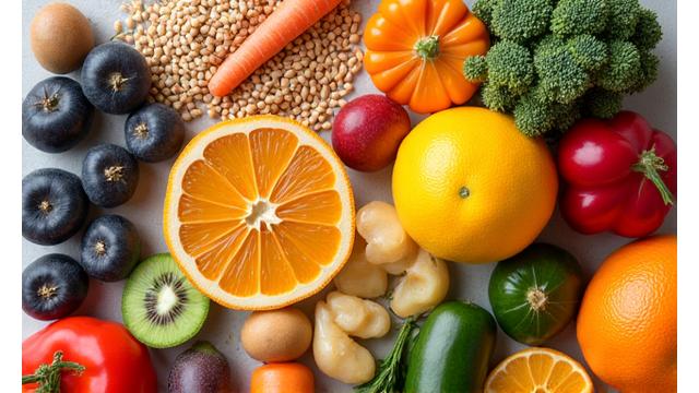 Variety of colorful, healthy foods like fruits and vegetables, symbolizing nutrition knowledge.