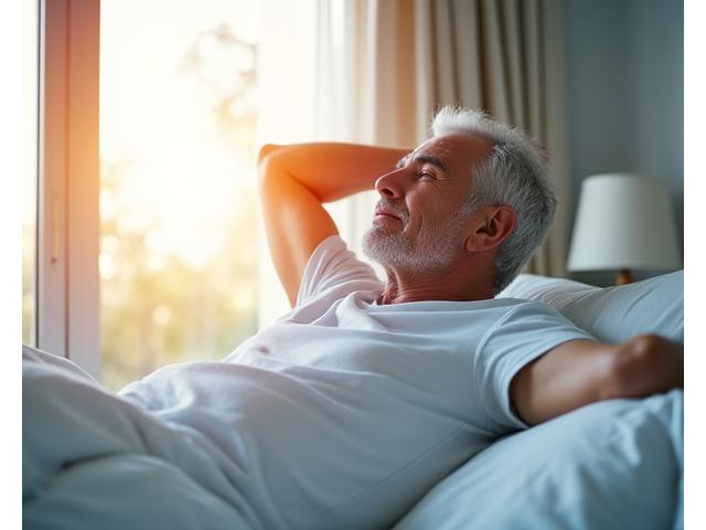 Robert, a man in his late 50s, waking up refreshed in a brightly lit bedroom.