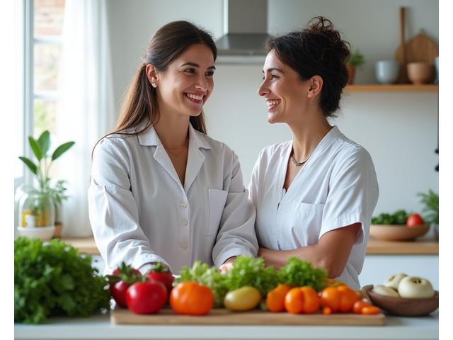 Certified Nutrition Coach Sarah Jenkins helping a client choose healthy foods in a modern kitchen.