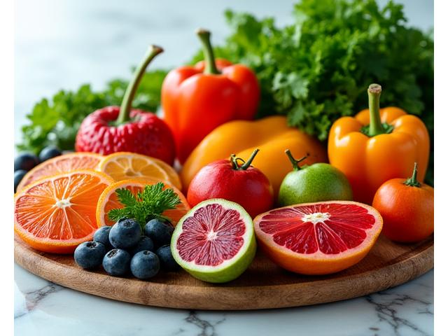 Assortment of fresh, colorful fruits and vegetables, indicating healthy eating.