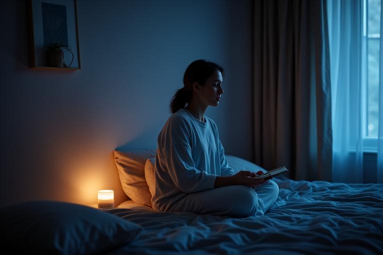 Person meditating in a cozy, dim room, preparing for restful sleep.