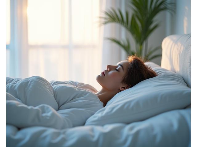 Person peacefully sleeping in a bright, calm bedroom.
