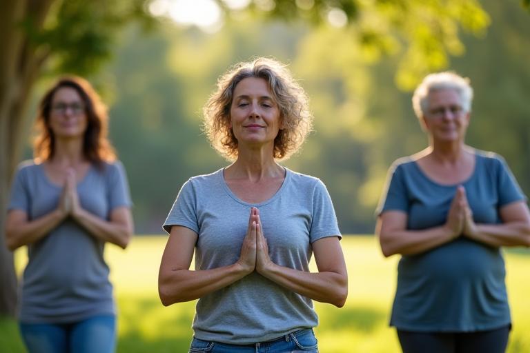 Diverse group of adults engaged in a calm, focused mindfulness session outdoors.
