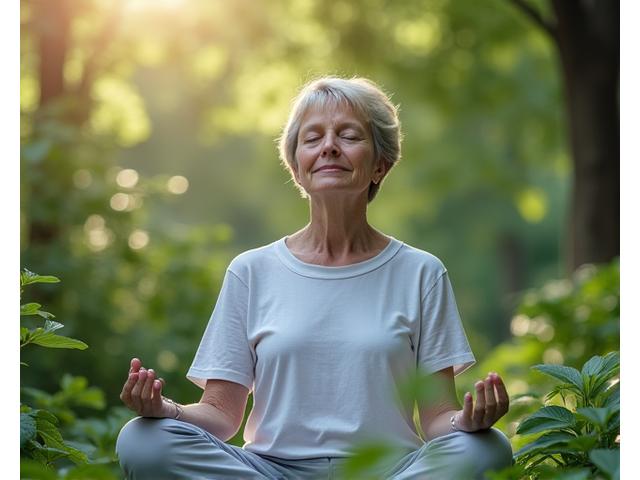 Person meditating in a serene outdoor setting, looking calm.