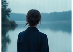 Woman looking pensively at a serene lake, representing emotional clarity