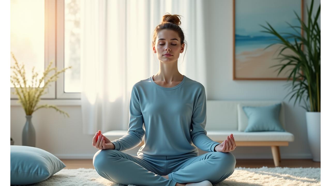 Woman meditating calmly in a serene, modern setting