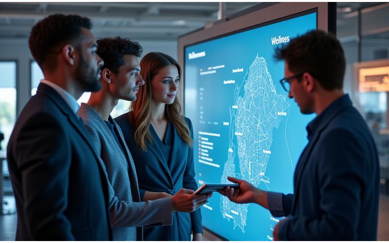A diverse group of wellness experts from AuraWell Collective reviewing Philadelphia location maps and digital resources on a large screen.