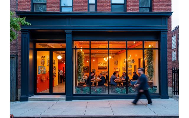 Vibrant street scene in Northern Liberties with a person walking towards a healthy cafe.