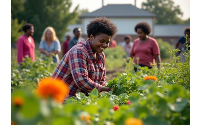 Community garden in South Philadelphia with diverse people tending to plants.