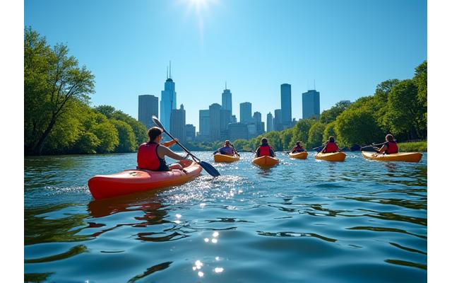 People kayaking on the Schuylkill River with the Philadelphia skyline in the background.