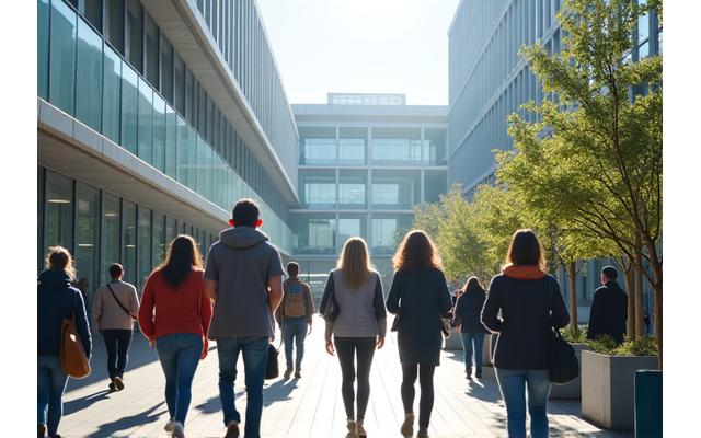 Modern university campus building with students exercising outdoors.