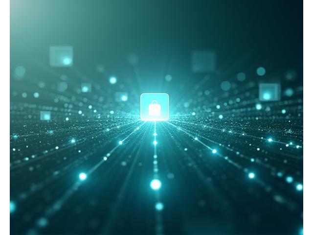 Abstract depiction of various data points converging into a secure, organized data stream, with small privacy shield icons.