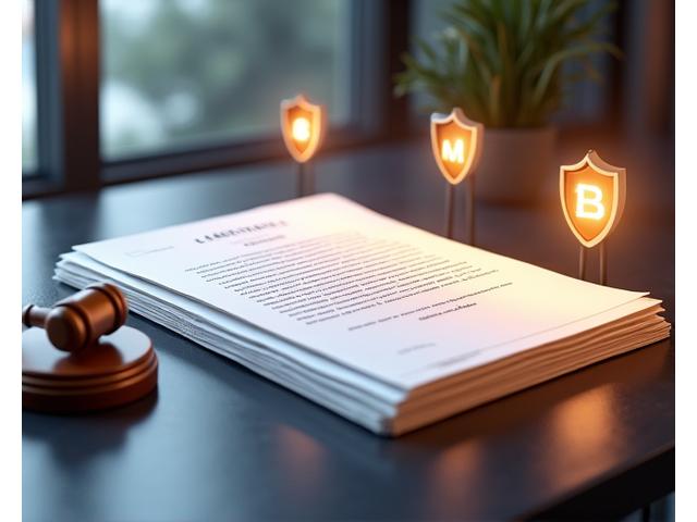 Stacked legal documents, a gavel, and digital icons representing regulatory compliance and data protection laws.