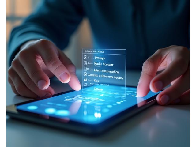 Illustration of a person interacting with a user interface showing privacy settings and control options, emphasizing user empowerment.