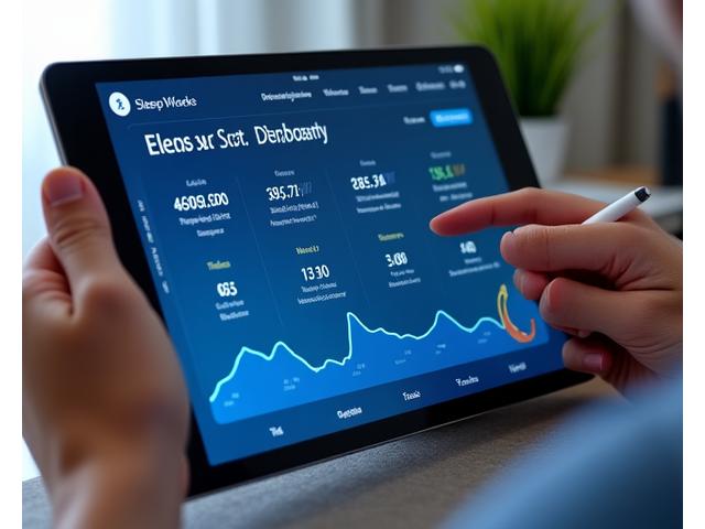 A digital sleep tracking dashboard displaying graphs of sleep cycles, heart rate, and sleep quality scores on a tablet, with a hand holding a stylus interacting with it.
