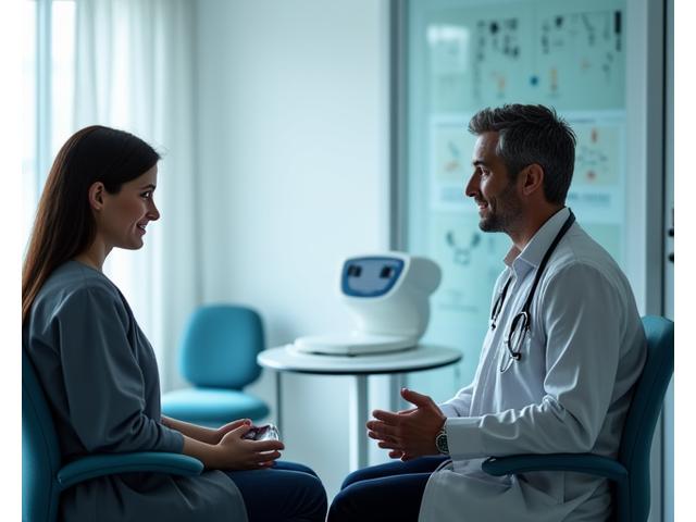 A healthcare professional, likely a doctor or sleep specialist, consulting with a patient in a calm, modern clinic setting, with medical diagrams subtly in the background.