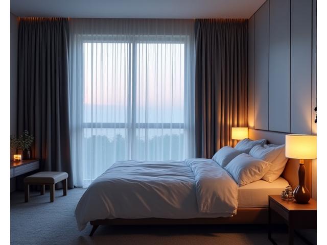 A perfectly arranged, tidy, and calm bedroom with dark curtains, a comfortable bed, and very subtle, warm lighting, emphasizing tranquility.