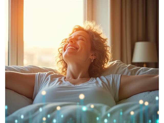 A person happily waking up in a bright, sunlit bedroom, looking refreshed and energetic, with a subtle overlay of abstract data visualizations representing sleep improvement.