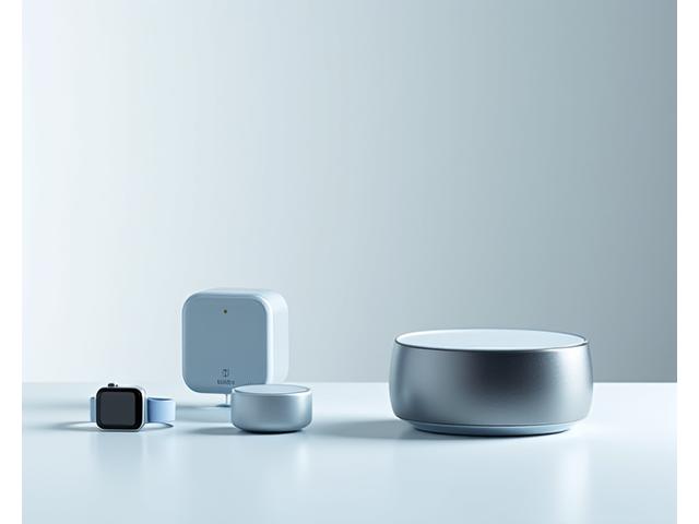 Various sleep technology devices arranged on a clean, modern surface: a smartwatch, a smart ring, a small environmental sensor, and a white noise machine.