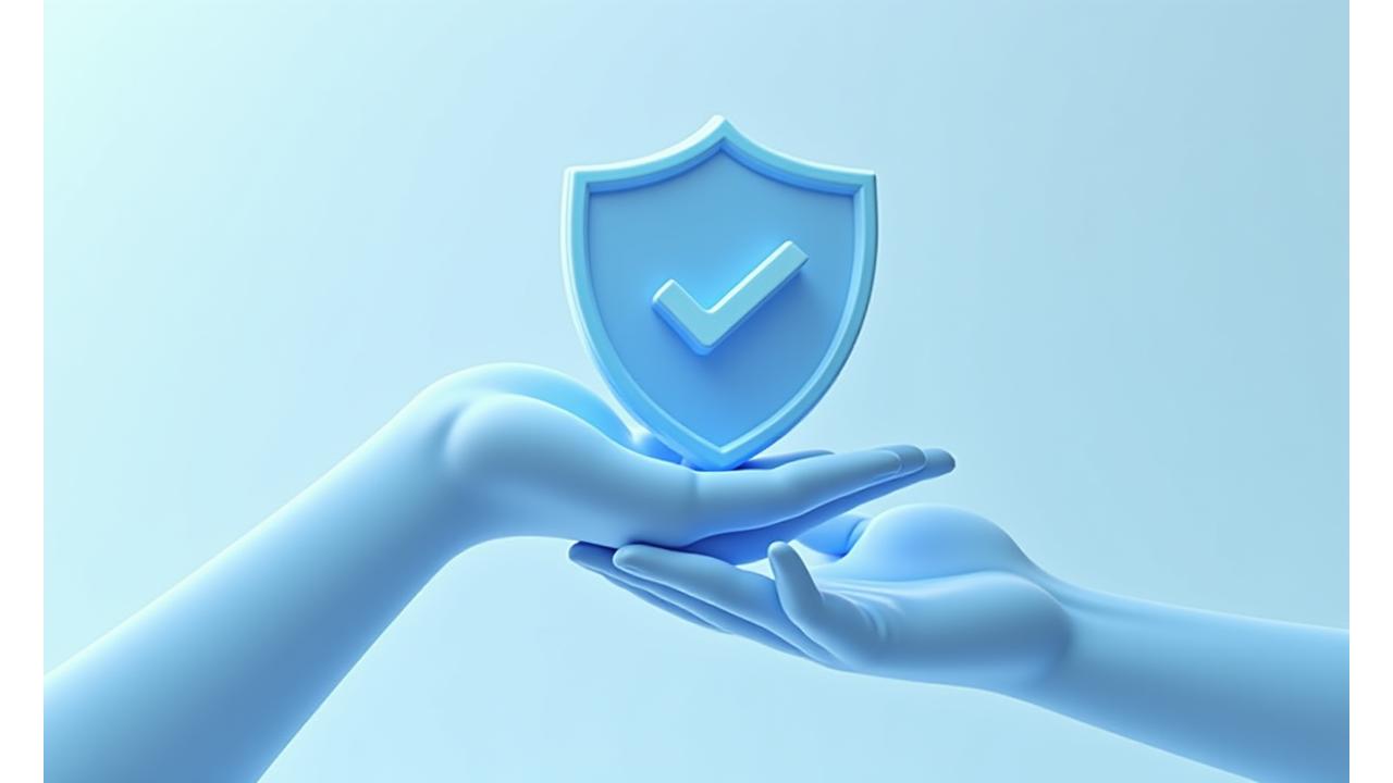 Graphic of a hand holding a shield with a checkmark, symbolizing guarantee and protection