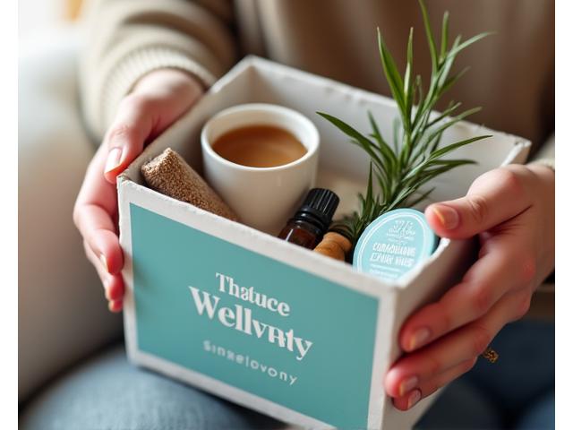 Hand opening a wellness subscription box to reveal high-quality products like a ceramic mug and essential oils