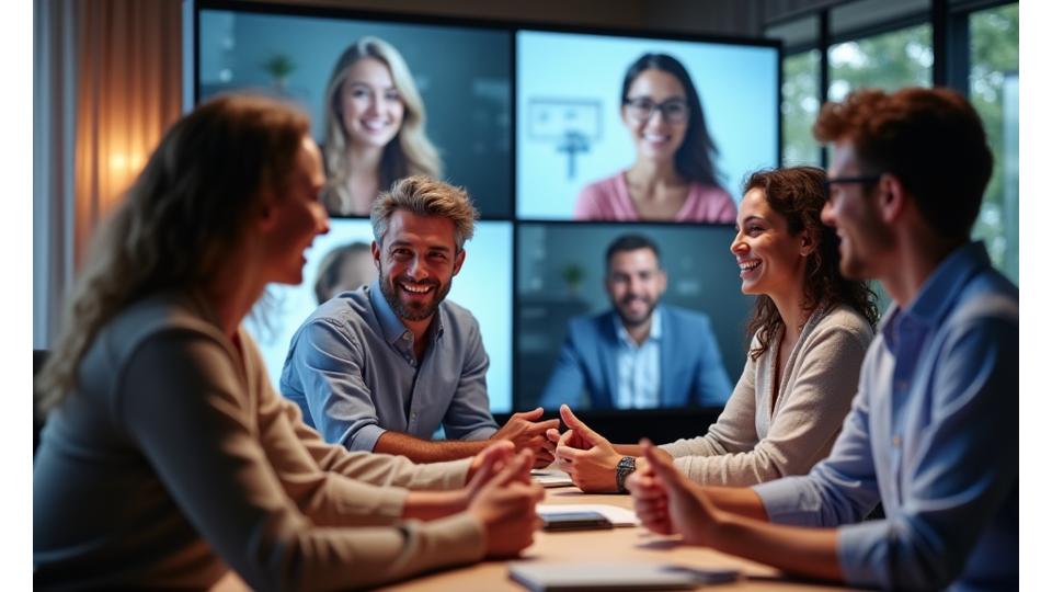 Diverse group of adults interacting positively within a digital community, representing supportive discussions and shared wellness goals.