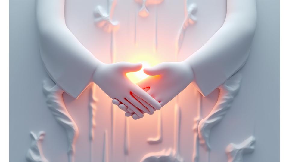Illustration of a stylized handshake over digital data streams, symbolizing fair dispute resolution and protected communication channels.