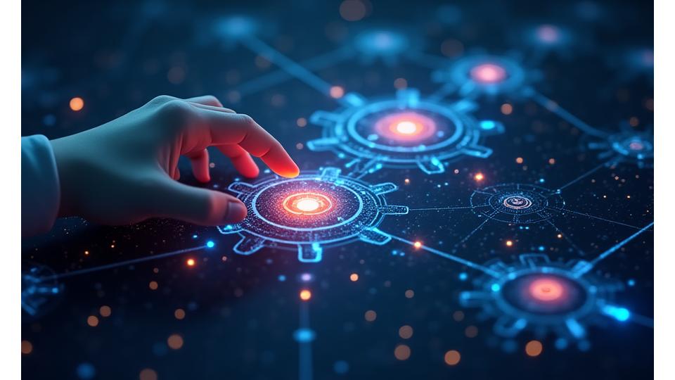 Abstract illustration of interlocking gears and a cloud, symbolizing intellectual property, data flow, and secure digital content sharing within a platform.