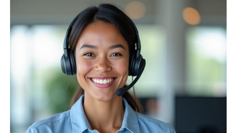 Friendly customer service representative smiling at a call center with a headset