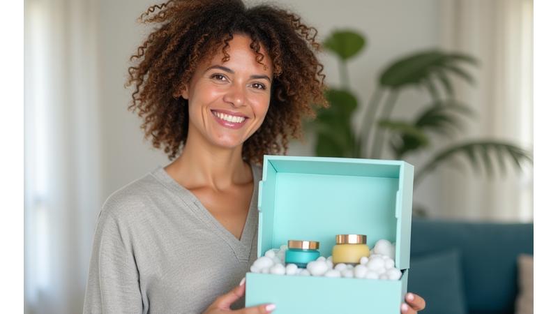 Happy woman unboxing a premium wellness product, smiling, representing member satisfaction