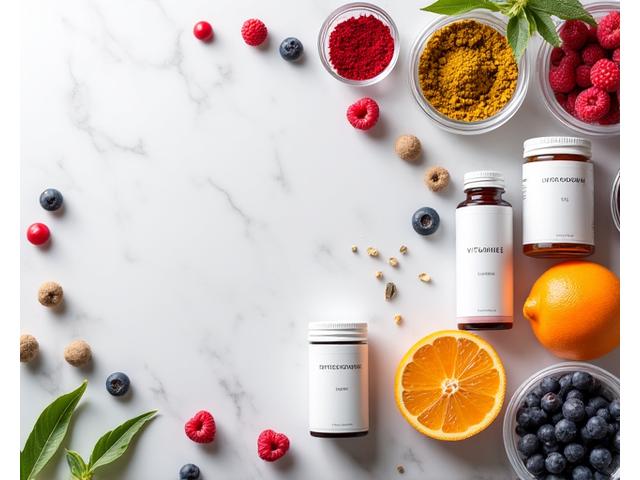 Variety of high-quality vitamin bottles, superfood powders, and fresh fruits on a marble surface