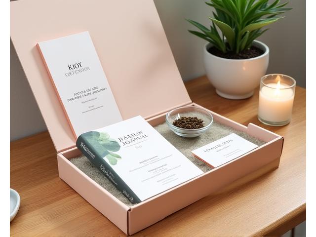A curated box of wellness products, including a journal, tea, and a small plant, signifying personalization