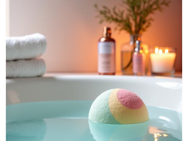 Luxurious bath bomb, scented candle, delicate skincare products, and a soft towel