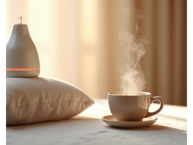 Essential oil diffuser, meditation cushion, and a warm cup of herbal tea for stress relief